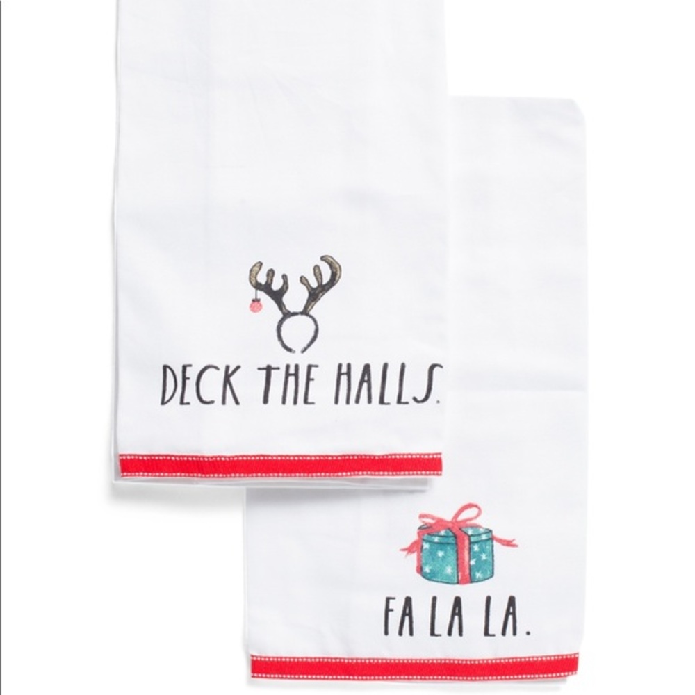 Rae Dunn DECK THE HALLS & FA LA LA Kitchen Towels BRAND NEW!!